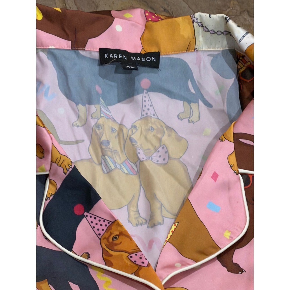 $135 Karen Mabon Hot Dog Birthday Satin Pajama Set Pink Dachshund Dog Print XL - Picture 7 of 12